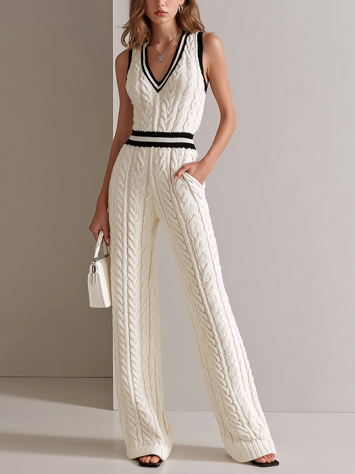 Chic Elegant Cream White V-Neck Sleeveless Contrast Trim Detail Elastic-Waist Loose-Fit Cable Knit Jumpsuit
