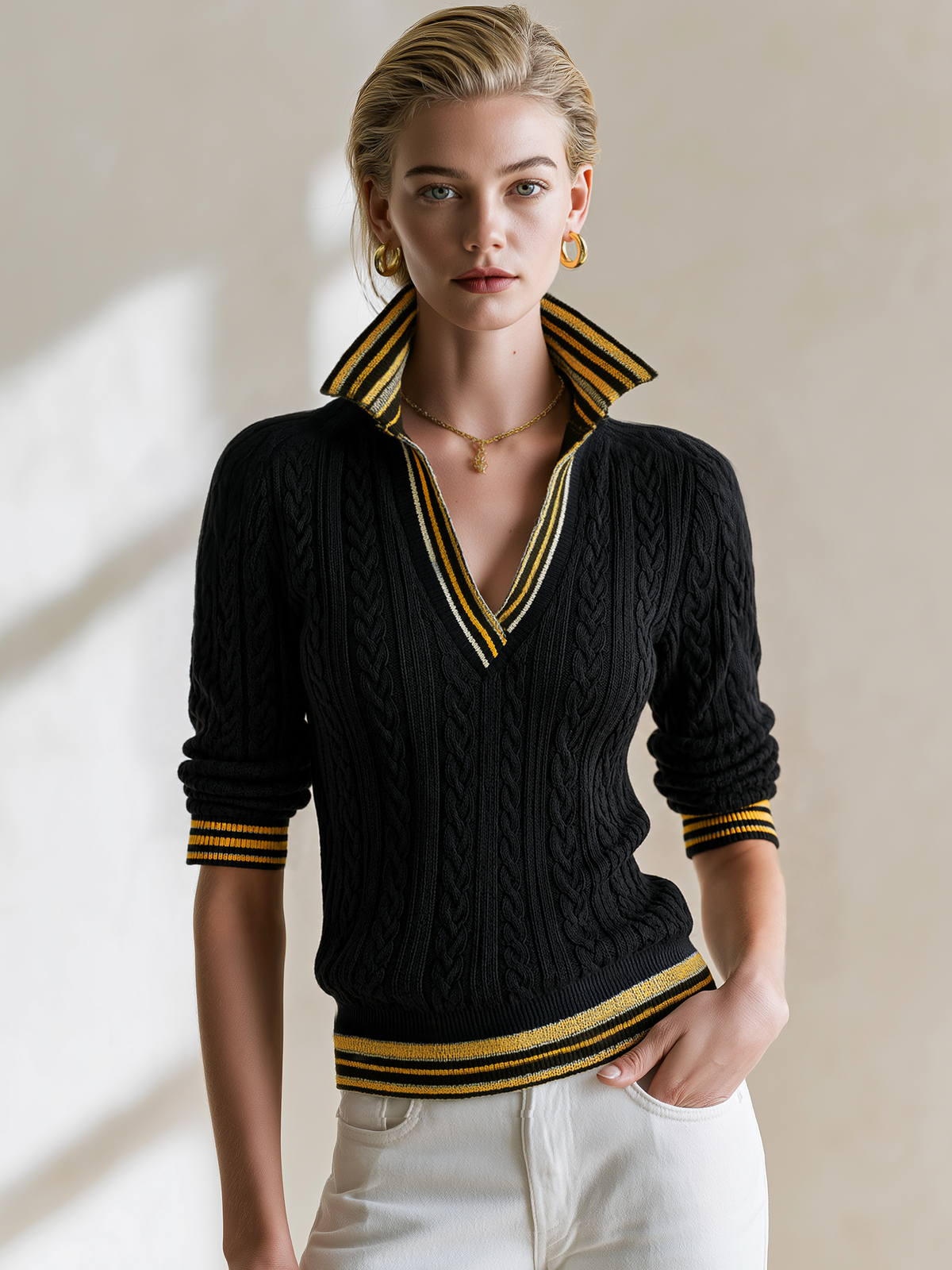 Contrast‑Stripe Trim V‑Neck Cable‑Knit Pullover
