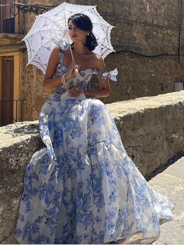 Printed Organza Maxi Dress with Tie Straps
