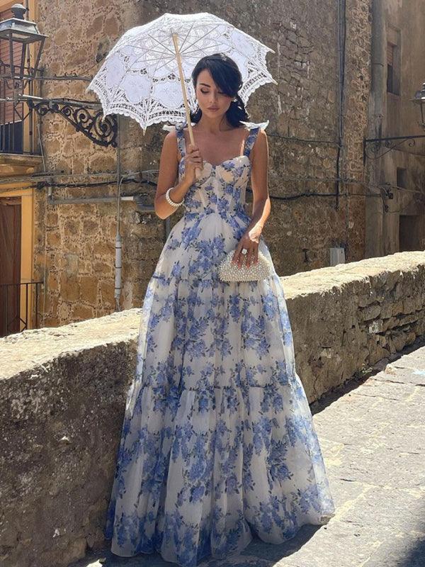 Printed Organza Maxi Dress with Tie Straps