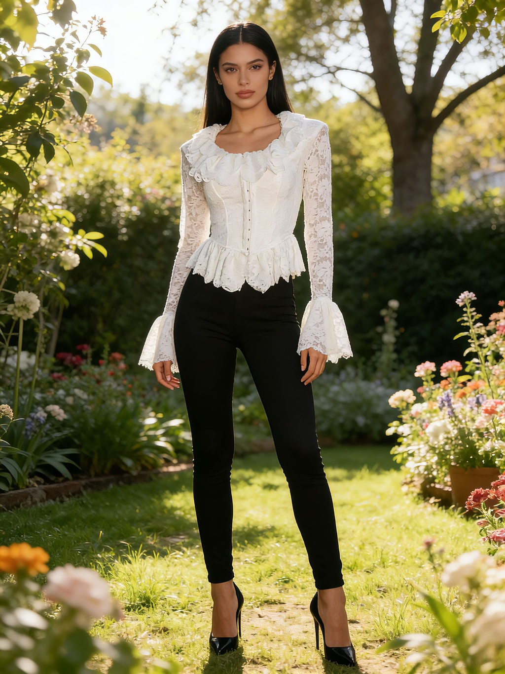 Elegant White Sweetheart Neck Blouse with Gold Embroidery and Ruffles