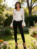 Elegant White Sweetheart Neck Blouse with Gold Embroidery and Ruffles