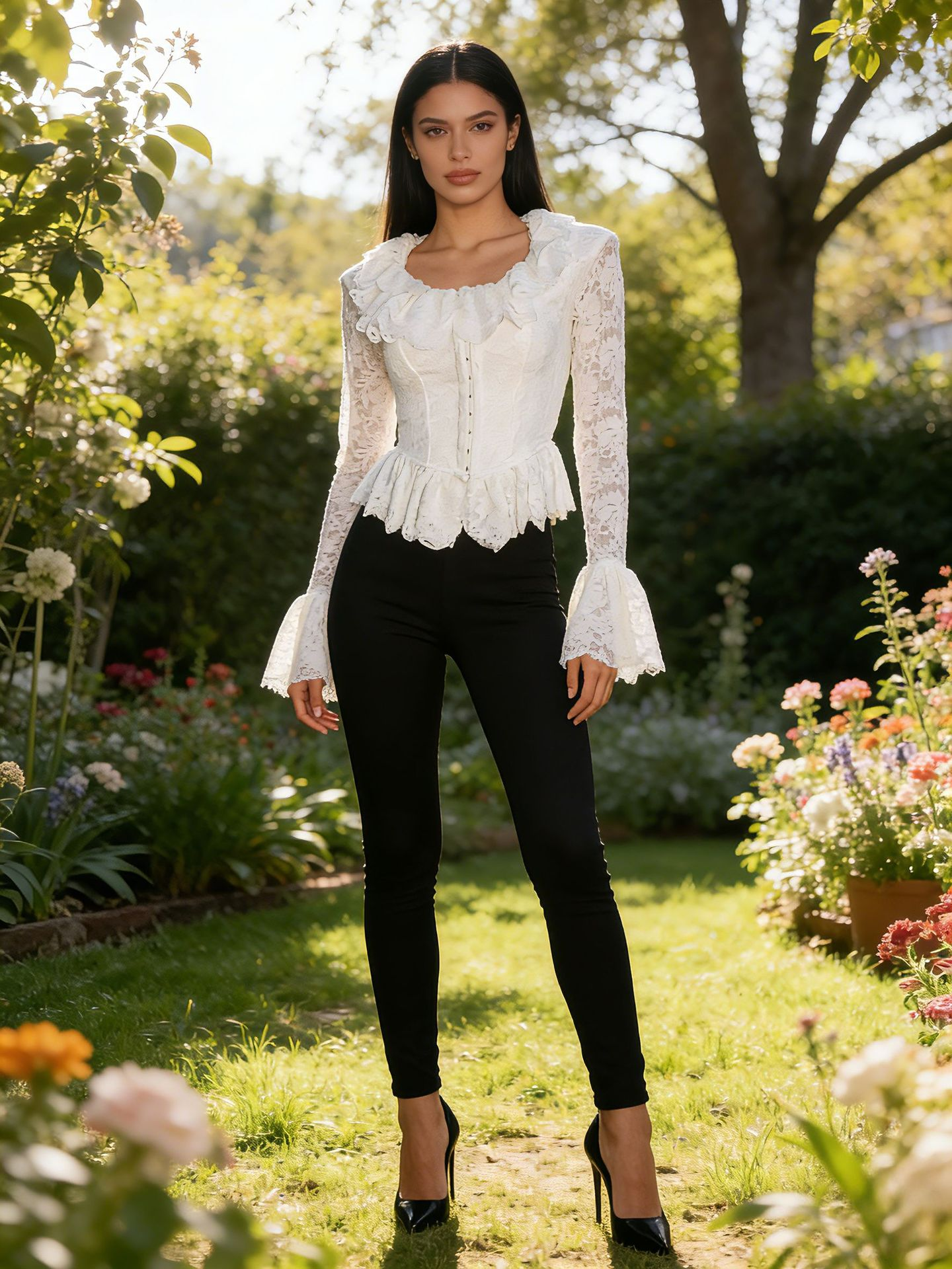 Elegant White Sweetheart Neck Blouse with Gold Embroidery and Ruffles