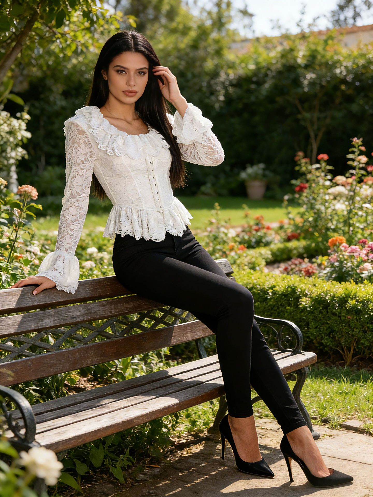 Elegant White Sweetheart Neck Blouse with Gold Embroidery and Ruffles