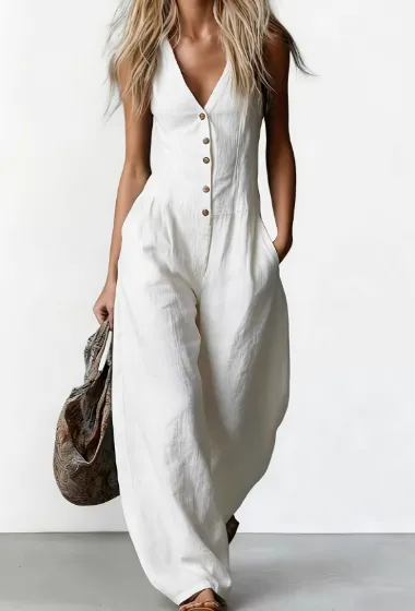 Vacation Style White Sleeveless Wide-Leg Jumpsuit