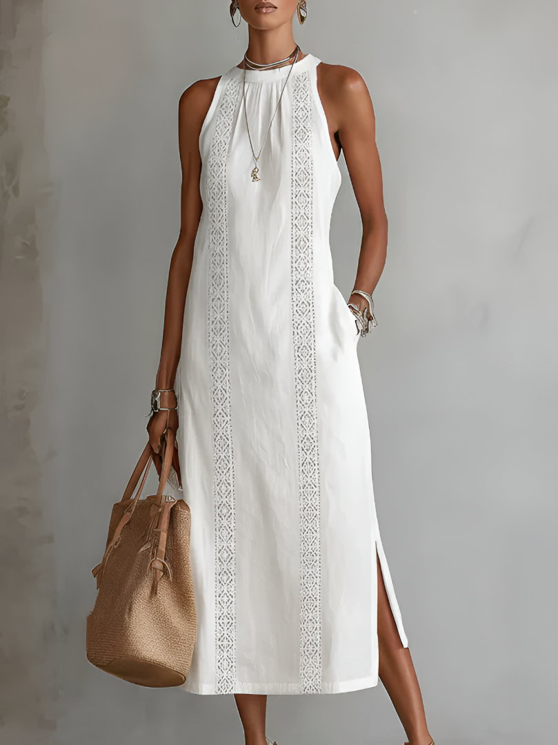 Jimena | Embroidered Midi Dress with Mandarin Collar and Loose Silhouette