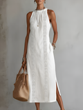 Jimena | Embroidered Midi Dress with Mandarin Collar and Loose Silhouette