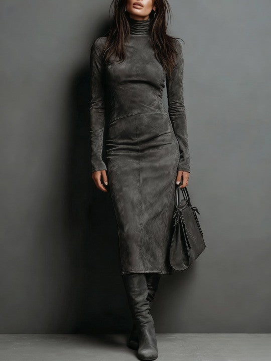 Midi Suede Dress with High Neck and Long Sleeves
