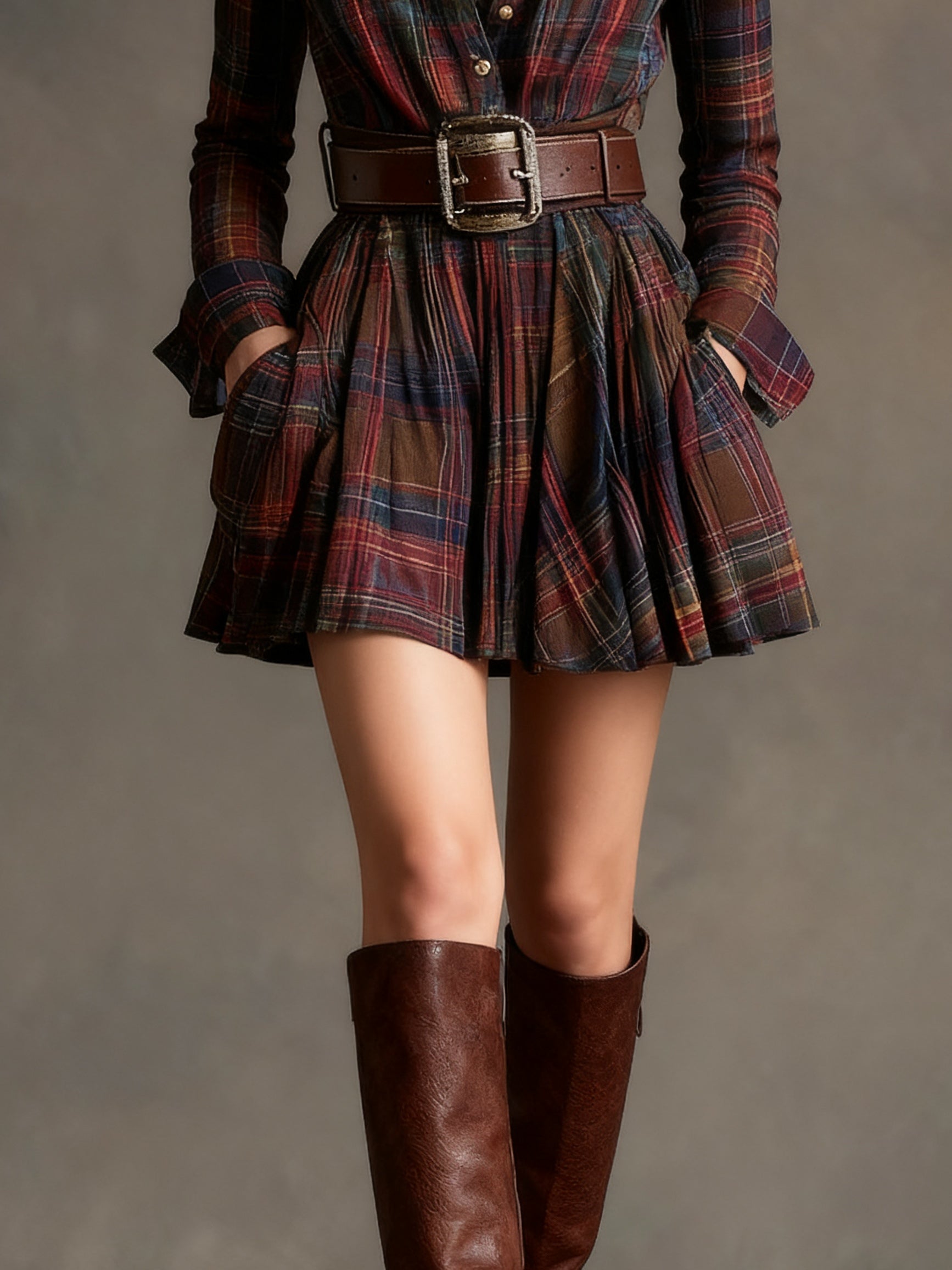 Vintage Red and Brown Plaid Mini Dress with Lapel (Belt included)