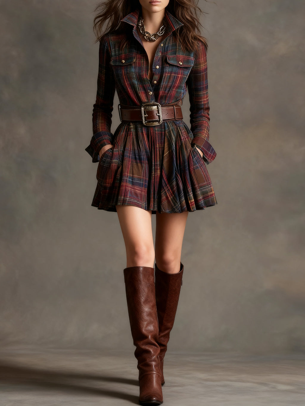 Vintage Red and Brown Plaid Mini Dress with Lapel (Belt included)