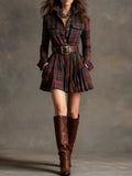 Vintage Red and Brown Plaid Mini Dress with Lapel (Belt included)