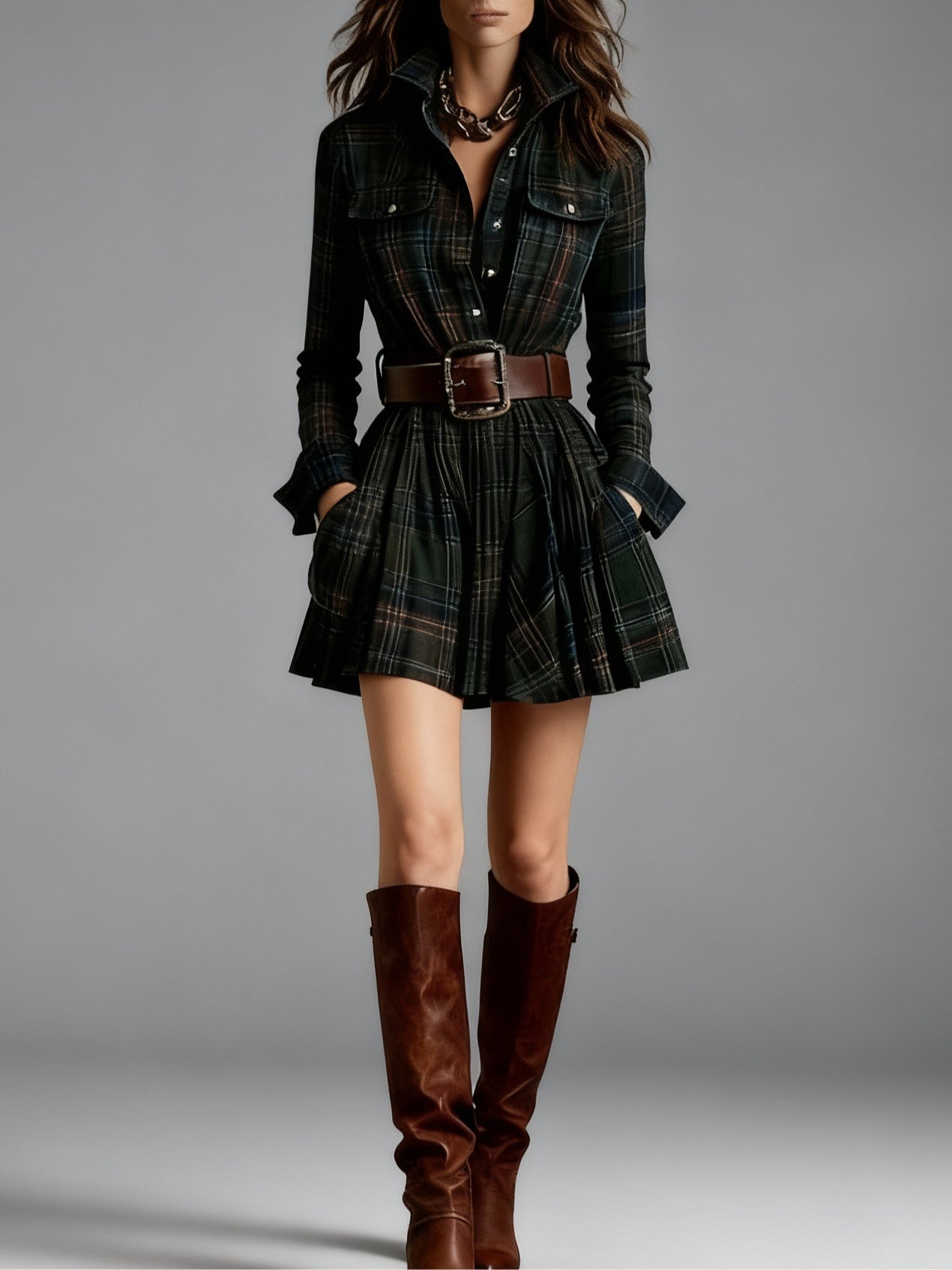 Vintage Red and Brown Plaid Mini Dress with Lapel (Belt included)