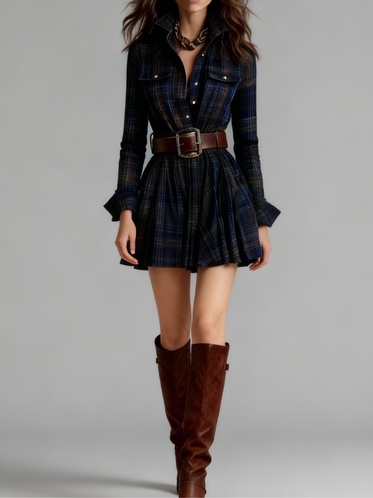 Vintage Red and Brown Plaid Mini Dress with Lapel (Belt included)