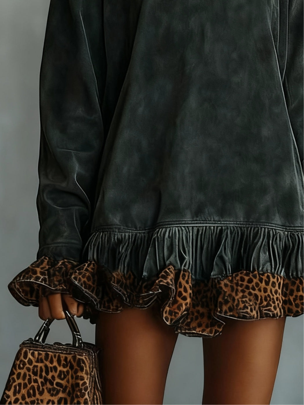 High-Neck Faux Suede Panelled Hem Leopard Print Mini Dress