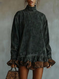 High-Neck Faux Suede Panelled Hem Leopard Print Mini Dress