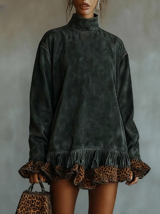 High-Neck Faux Suede Panelled Hem Leopard Print Mini Dress