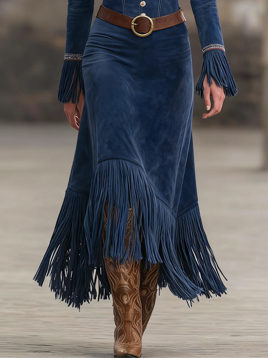 Retro Navy Faux Suede Embroidered Tassel Maxi Dress (Belt Included)