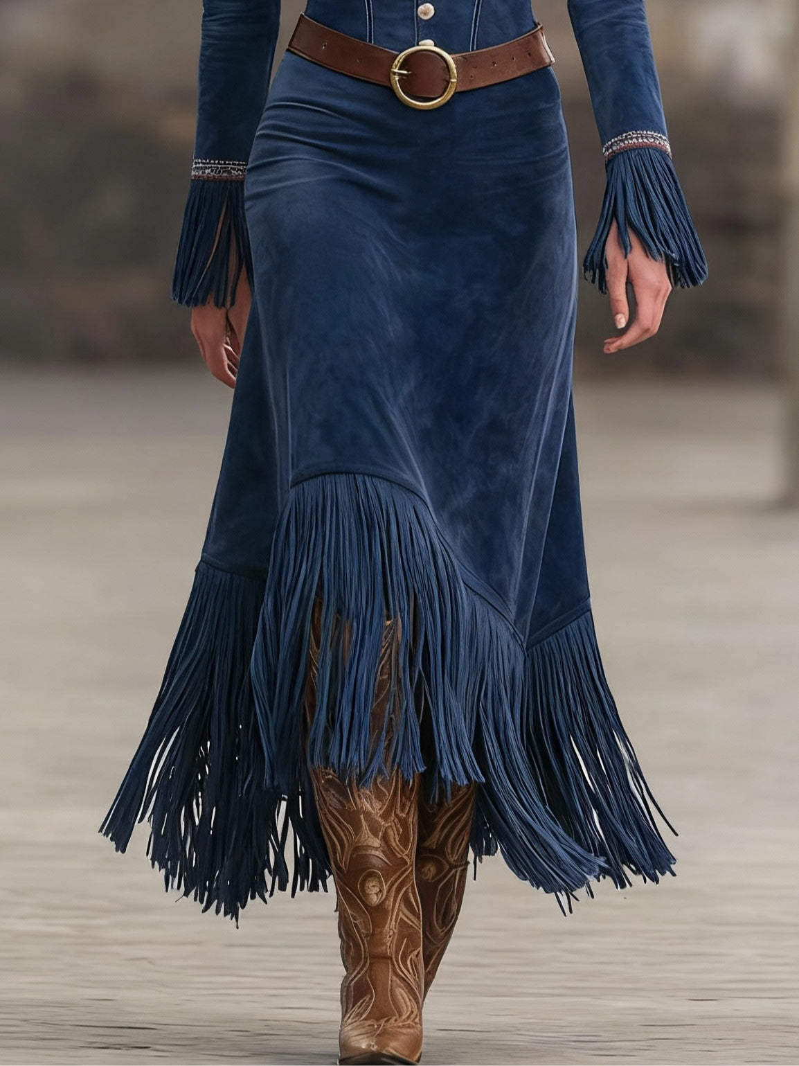 Retro Navy Faux Suede Embroidered Tassel Maxi Dress (Belt Included)