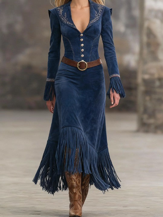 Retro Navy Faux Suede Embroidered Tassel Maxi Dress (Belt Included)