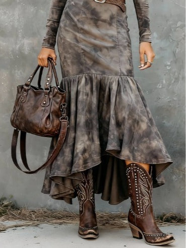 Vintage Polyester Midi Dress with Flared Hem (Belt Included)