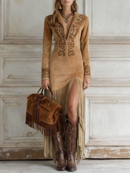 Western-Style Maxi Dress with Half-Zip, Embroidery, and Faux Suede Fringe