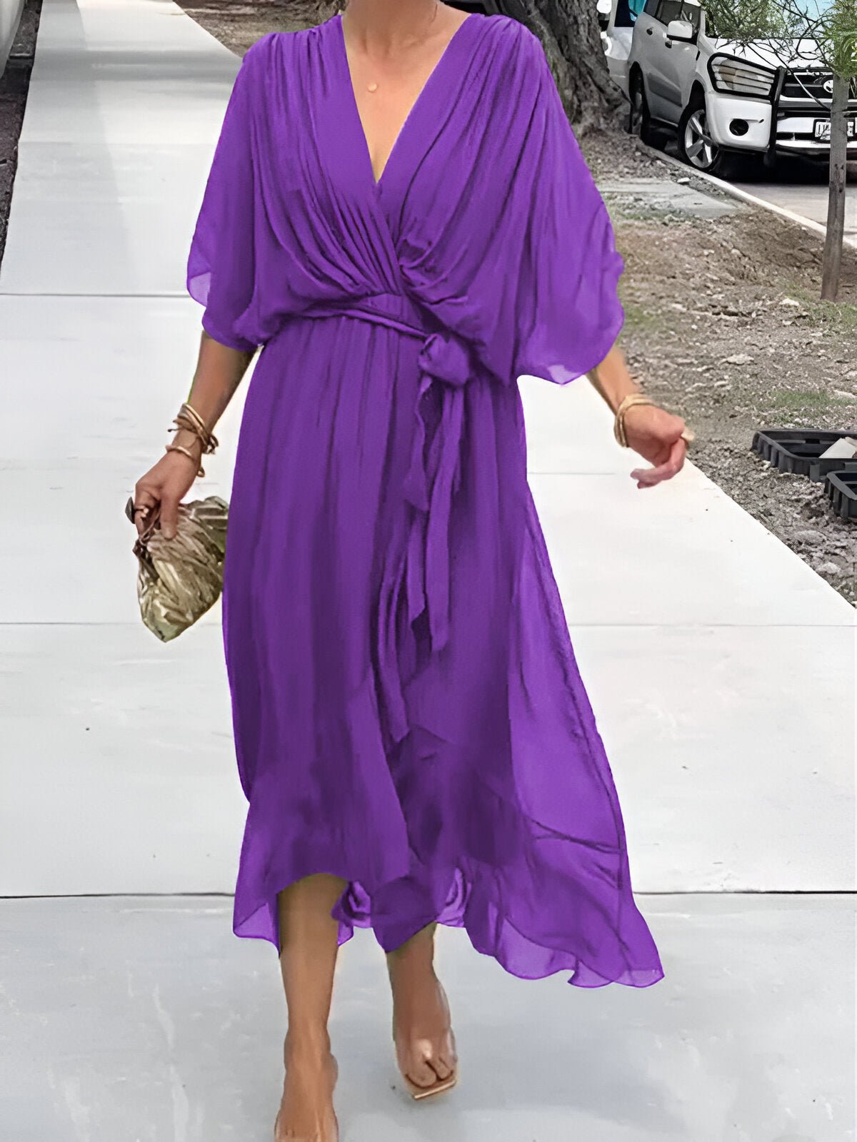 MONICA | CHIFFON DRESS WITH V - NECK - Rossis Family Boutique Miami