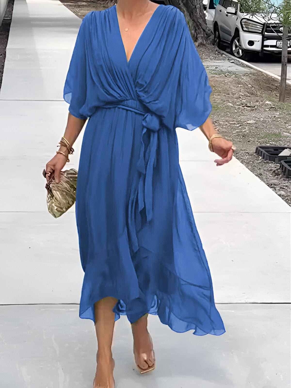 MONICA | CHIFFON DRESS WITH V - NECK - Rossis Family Boutique Miami