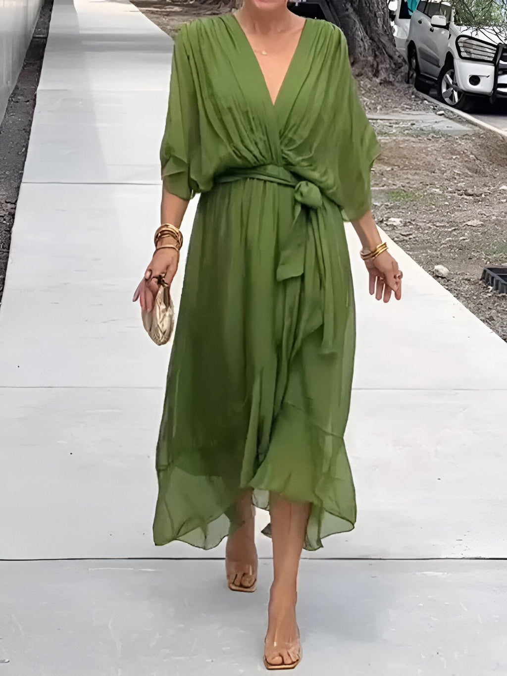 MONICA | CHIFFON DRESS WITH V - NECK - Rossis Family Boutique Miami