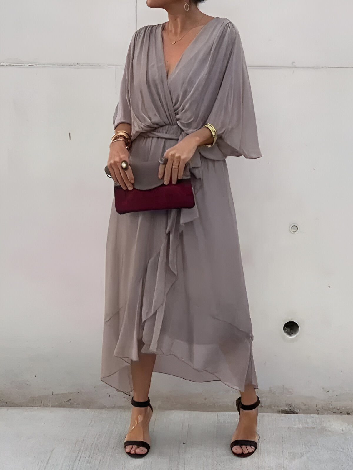 MONICA | CHIFFON DRESS WITH V - NECK - Rossis Family Boutique Miami