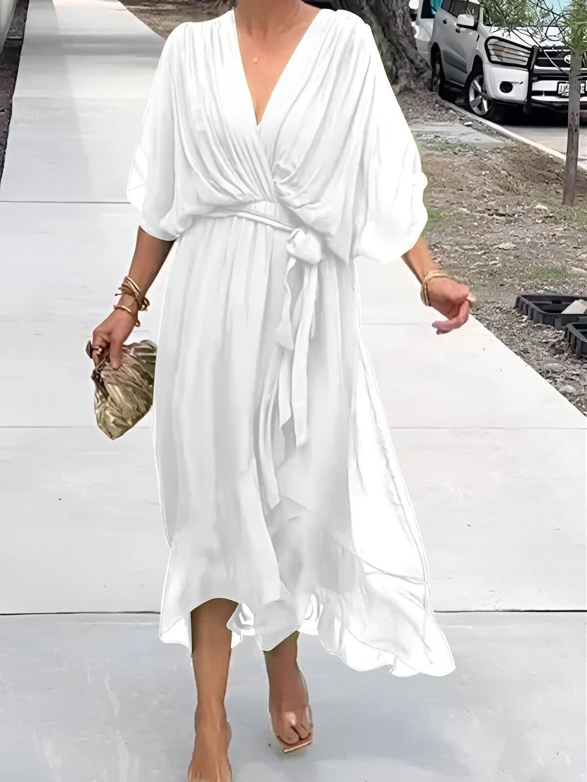MONICA | CHIFFON DRESS WITH V - NECK - Rossis Family Boutique Miami
