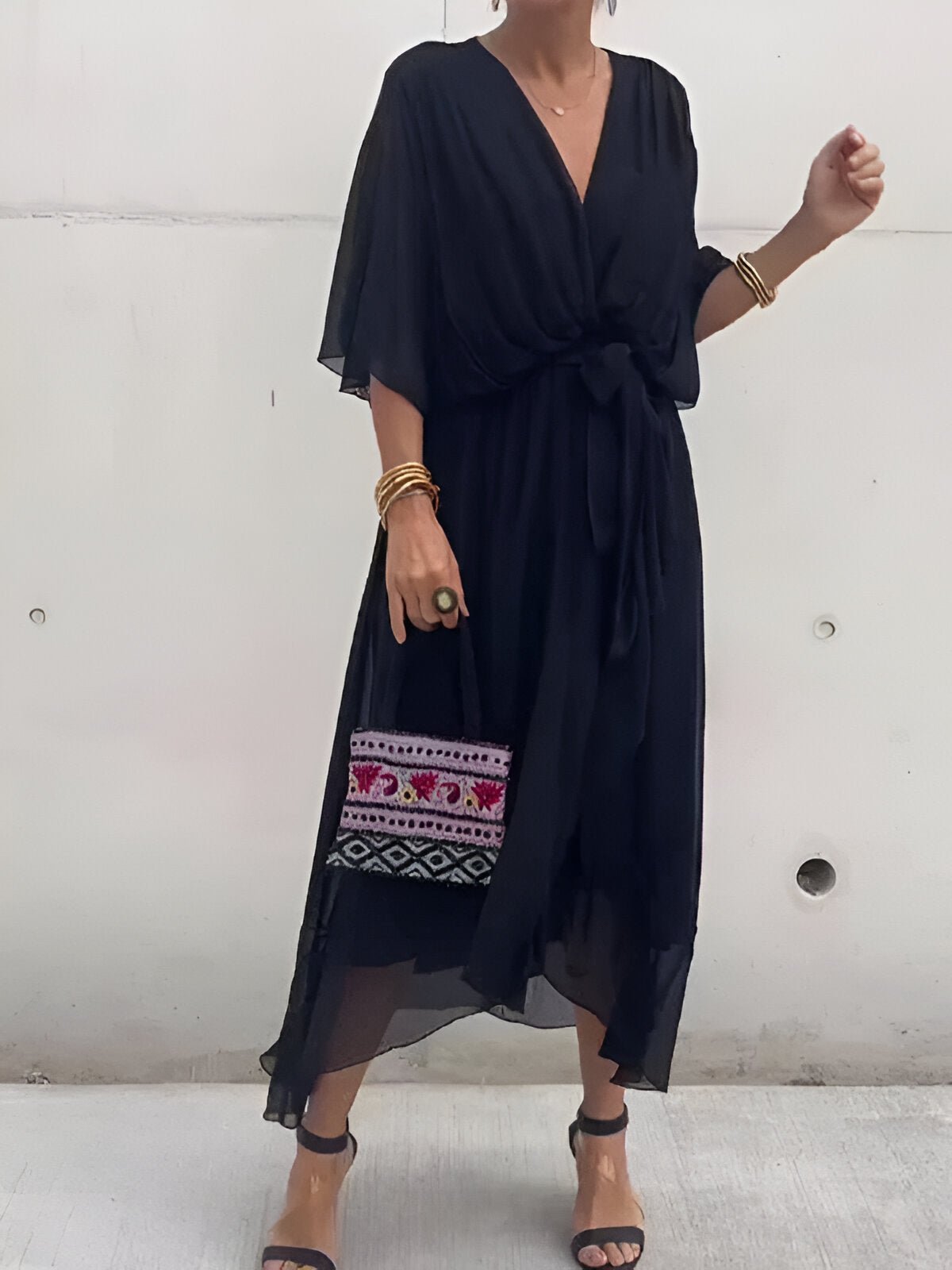 MONICA | CHIFFON DRESS WITH V - NECK - Rossis Family Boutique Miami