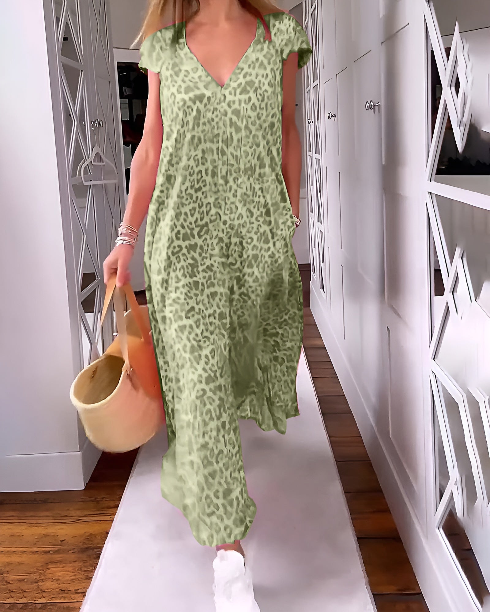VÉRONIQUE | LONG DRESS WITH V - NECK AND SHORT SLEEVES - Rossis Family Boutique Miami
