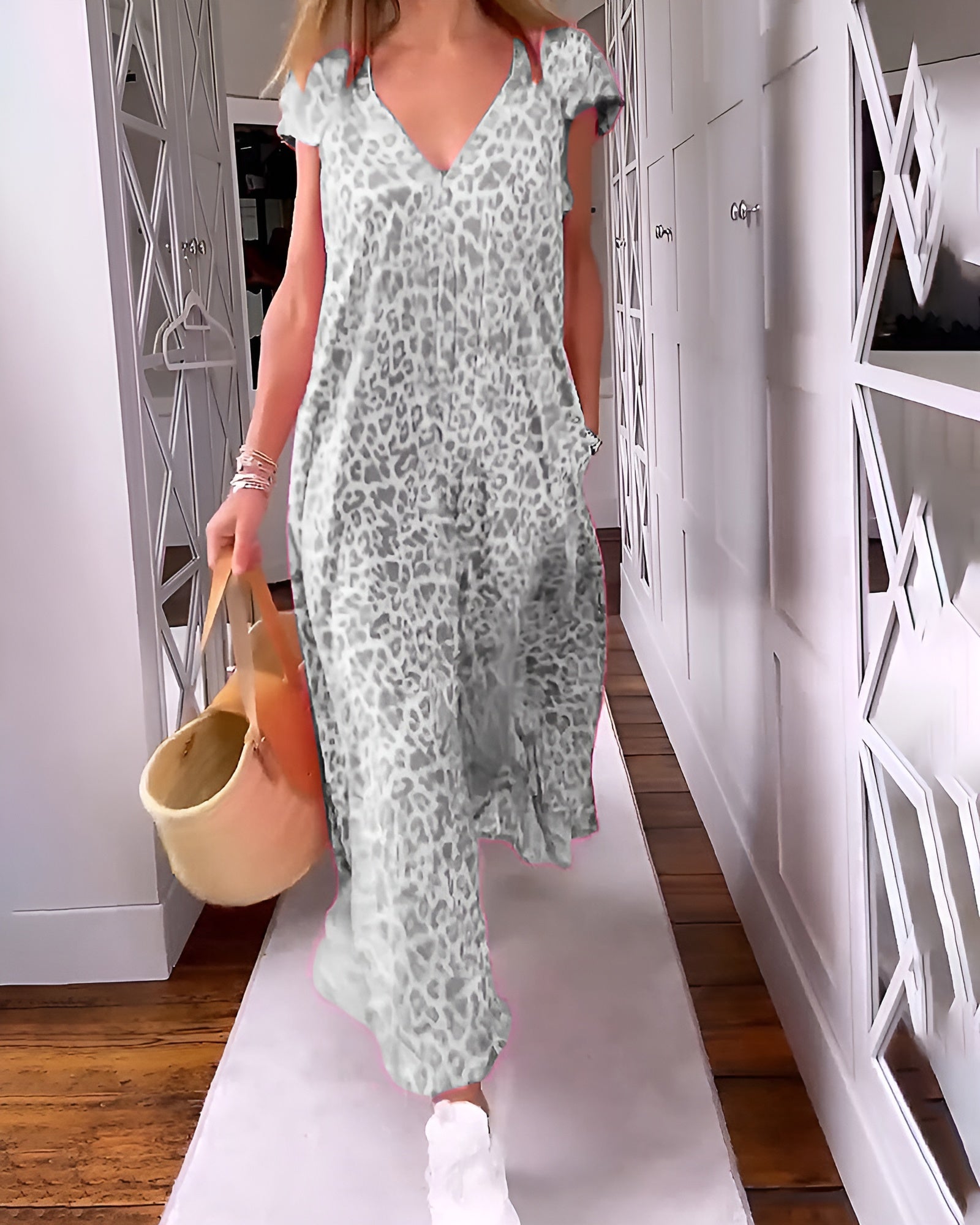 VÉRONIQUE | LONG DRESS WITH V - NECK AND SHORT SLEEVES - Rossis Family Boutique Miami