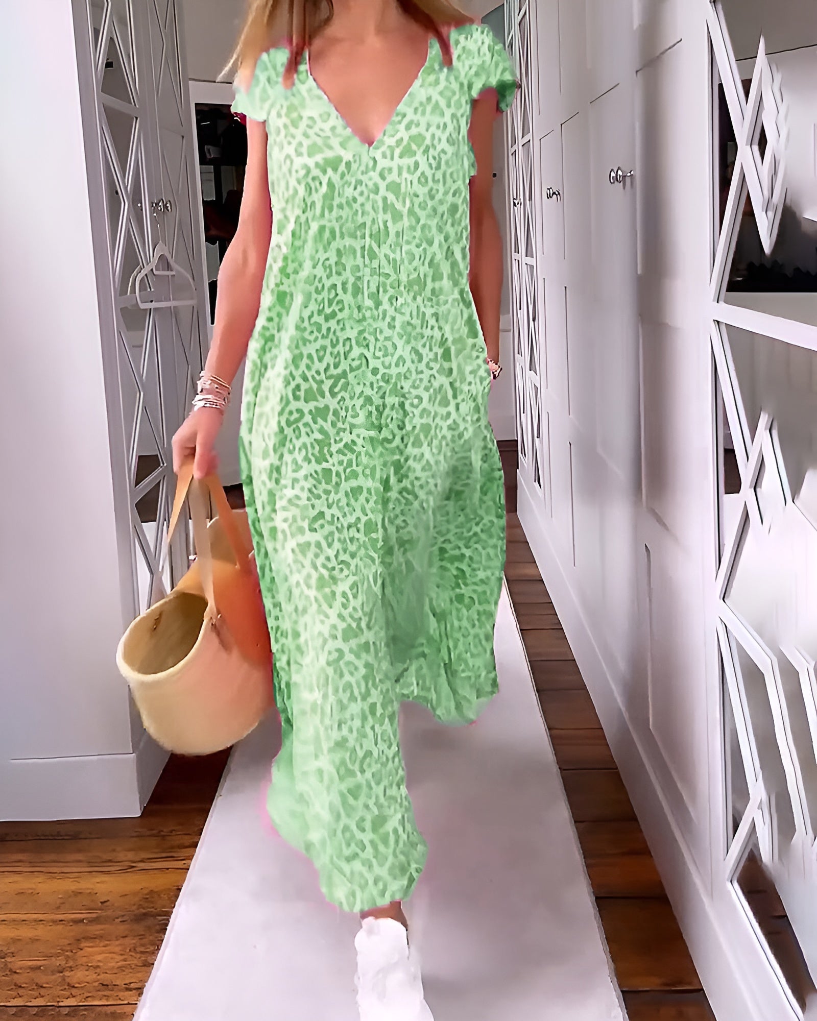 VÉRONIQUE | LONG DRESS WITH V - NECK AND SHORT SLEEVES - Rossis Family Boutique Miami