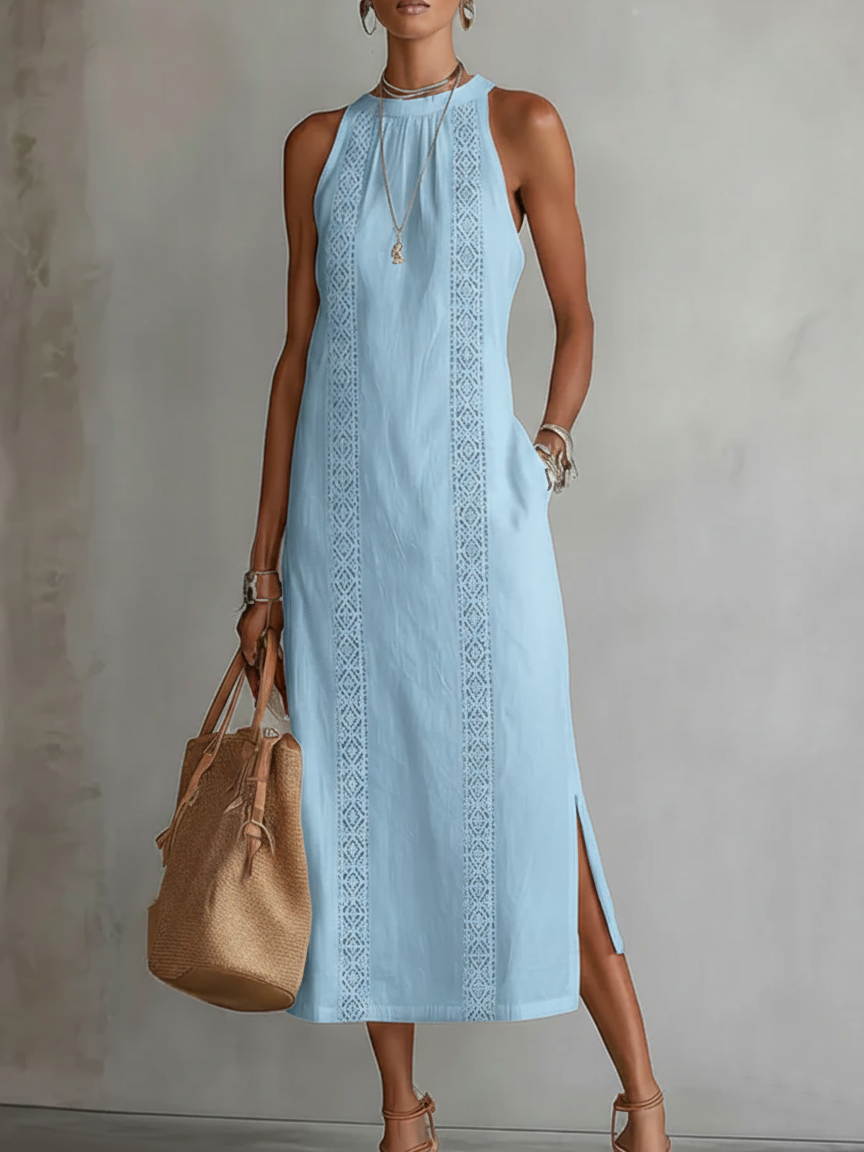 Jimena | Embroidered Midi Dress with Mandarin Collar and Loose Silhouette