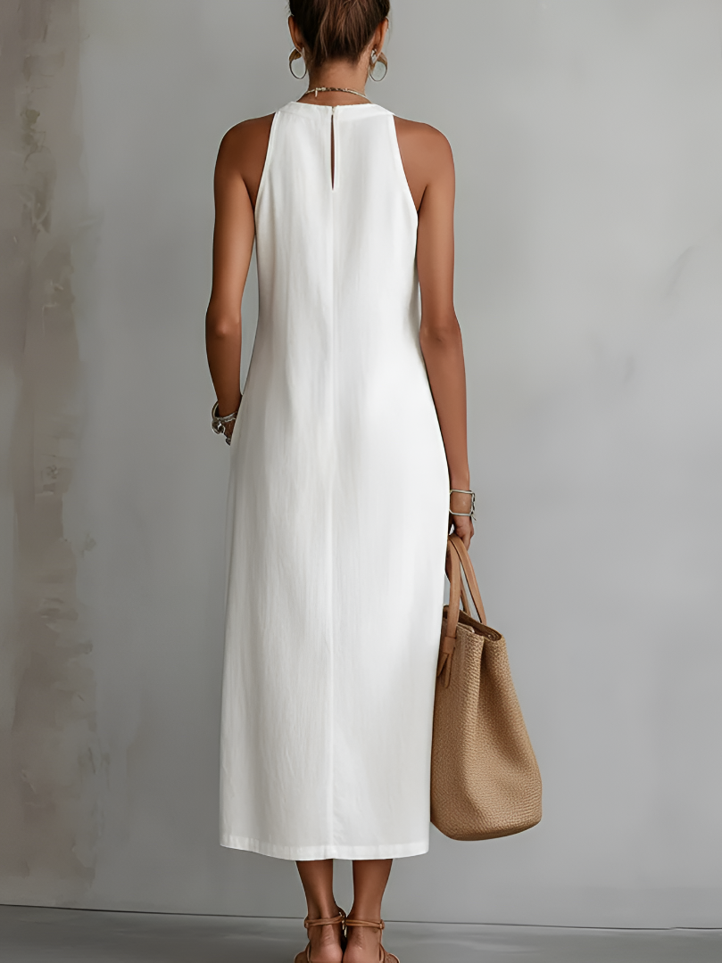 Jimena | Embroidered Midi Dress with Mandarin Collar and Loose Silhouette