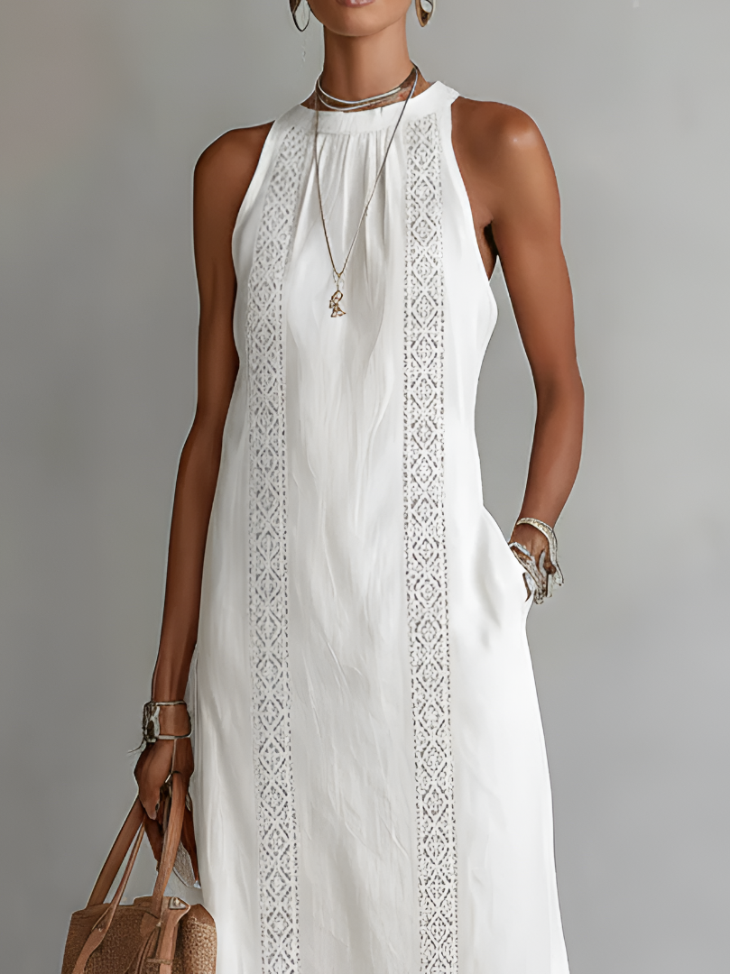 Jimena | Embroidered Midi Dress with Mandarin Collar and Loose Silhouette