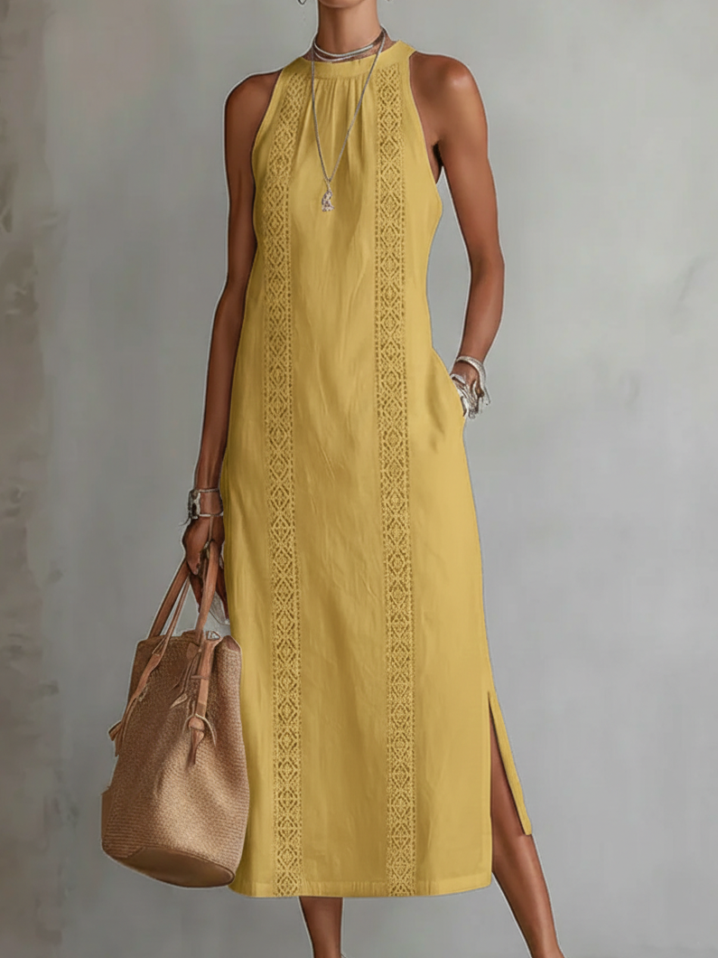 Jimena | Embroidered Midi Dress with Mandarin Collar and Loose Silhouette