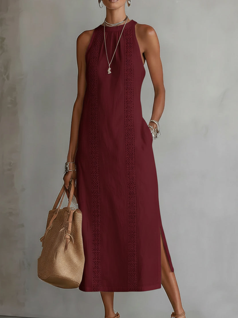 Jimena | Embroidered Midi Dress with Mandarin Collar and Loose Silhouette