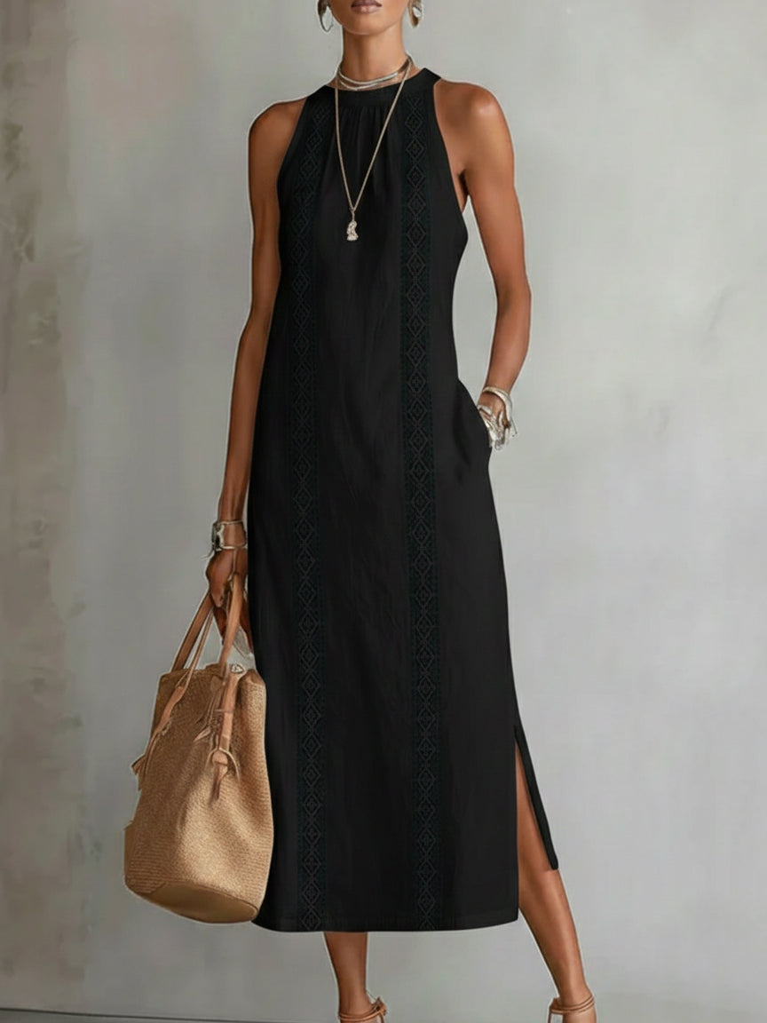 Jimena | Embroidered Midi Dress with Mandarin Collar and Loose Silhouette