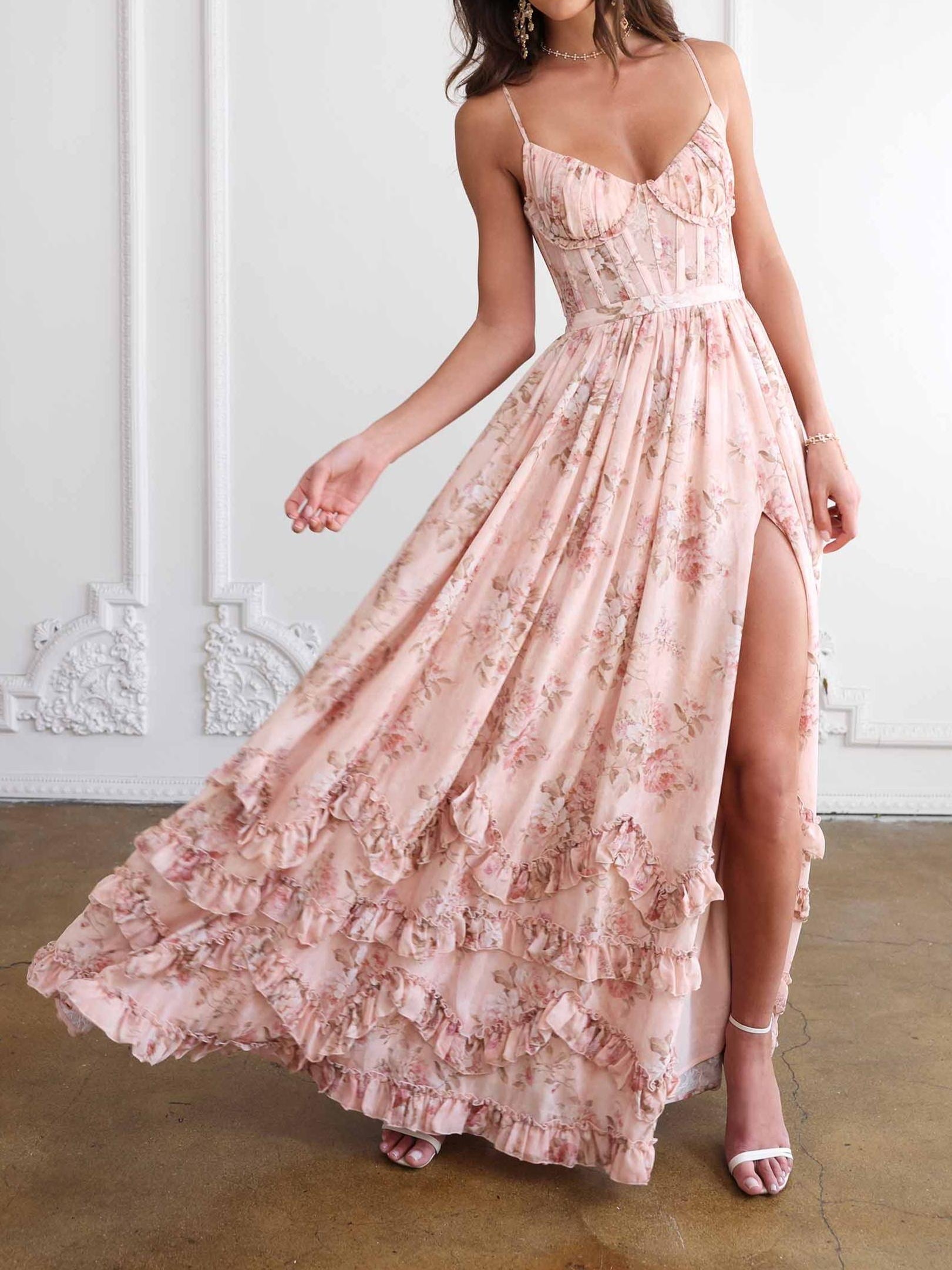 Floral Maxi Dress with Ruffles and Slit