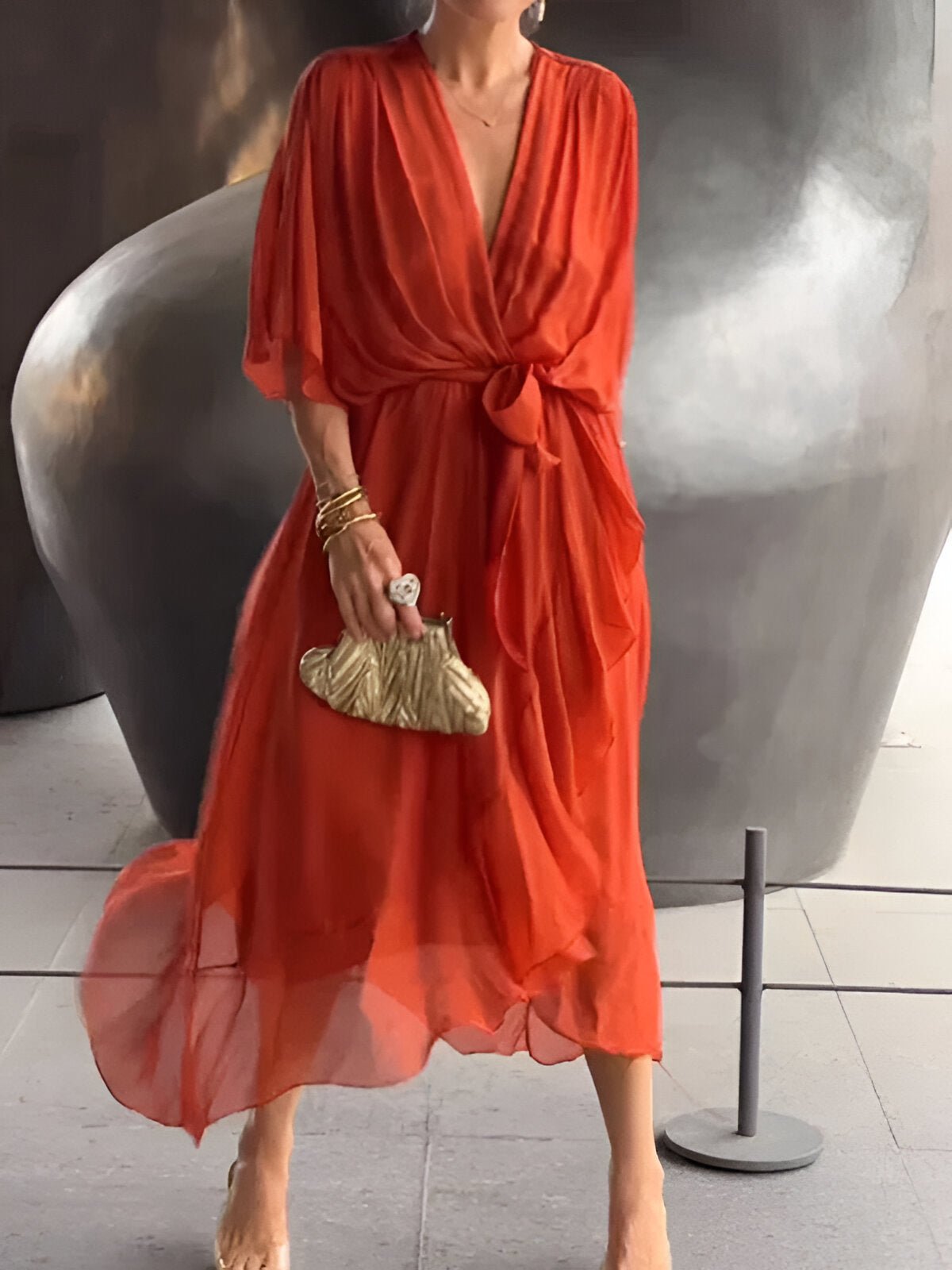 MONICA | CHIFFON DRESS WITH V - NECK - Rossis Family Boutique Miami
