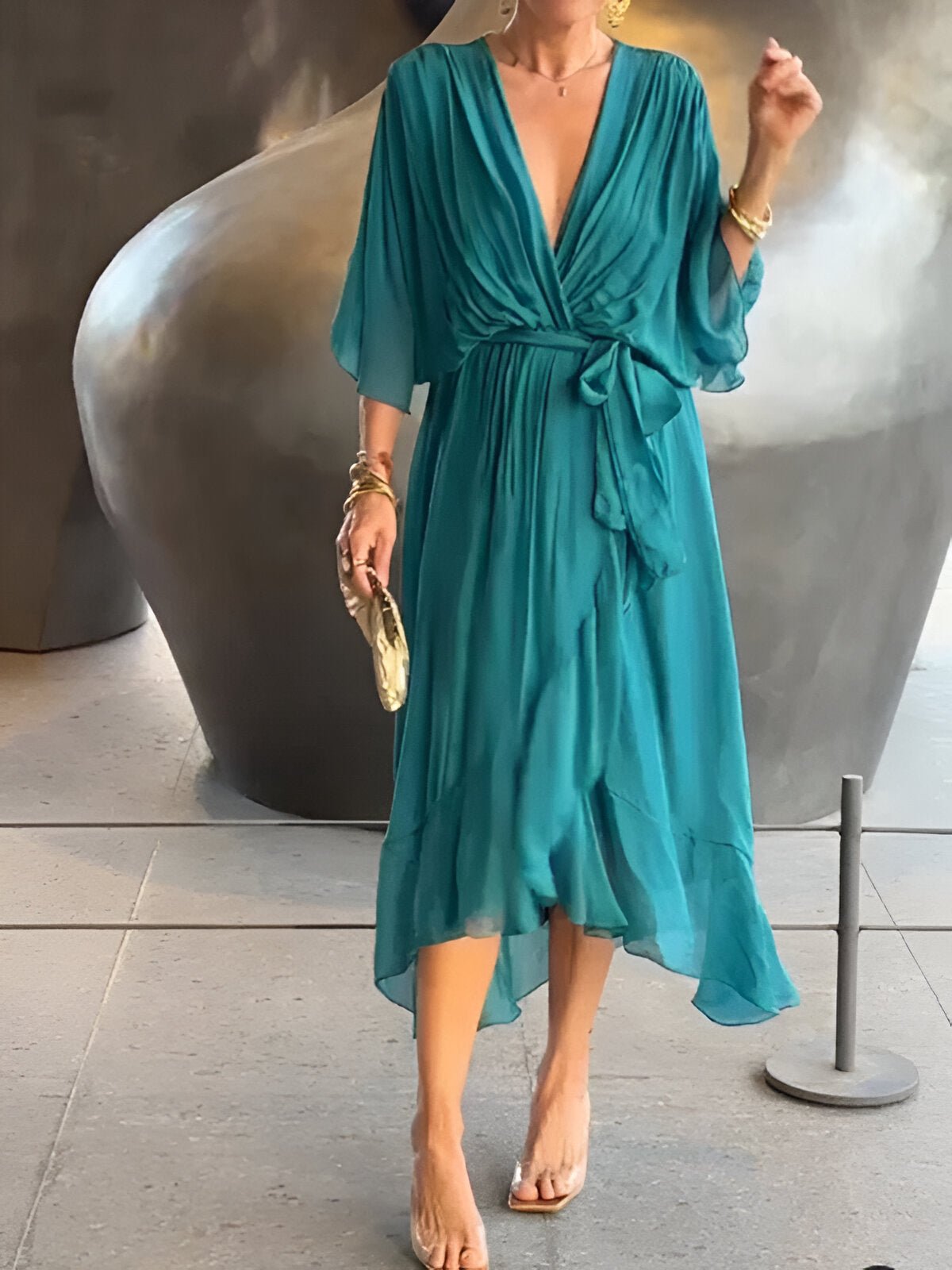 MONICA | CHIFFON DRESS WITH V - NECK - Rossis Family Boutique Miami