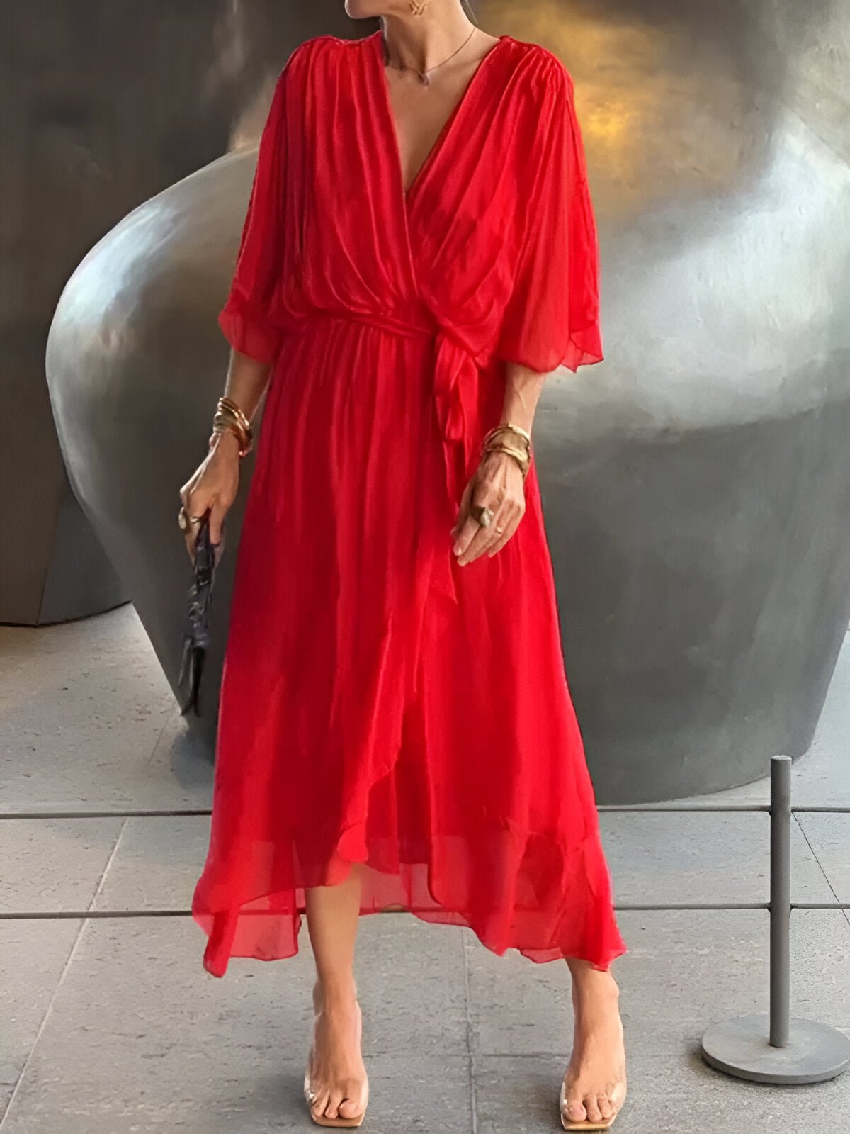 MONICA | CHIFFON DRESS WITH V - NECK - Rossis Family Boutique Miami