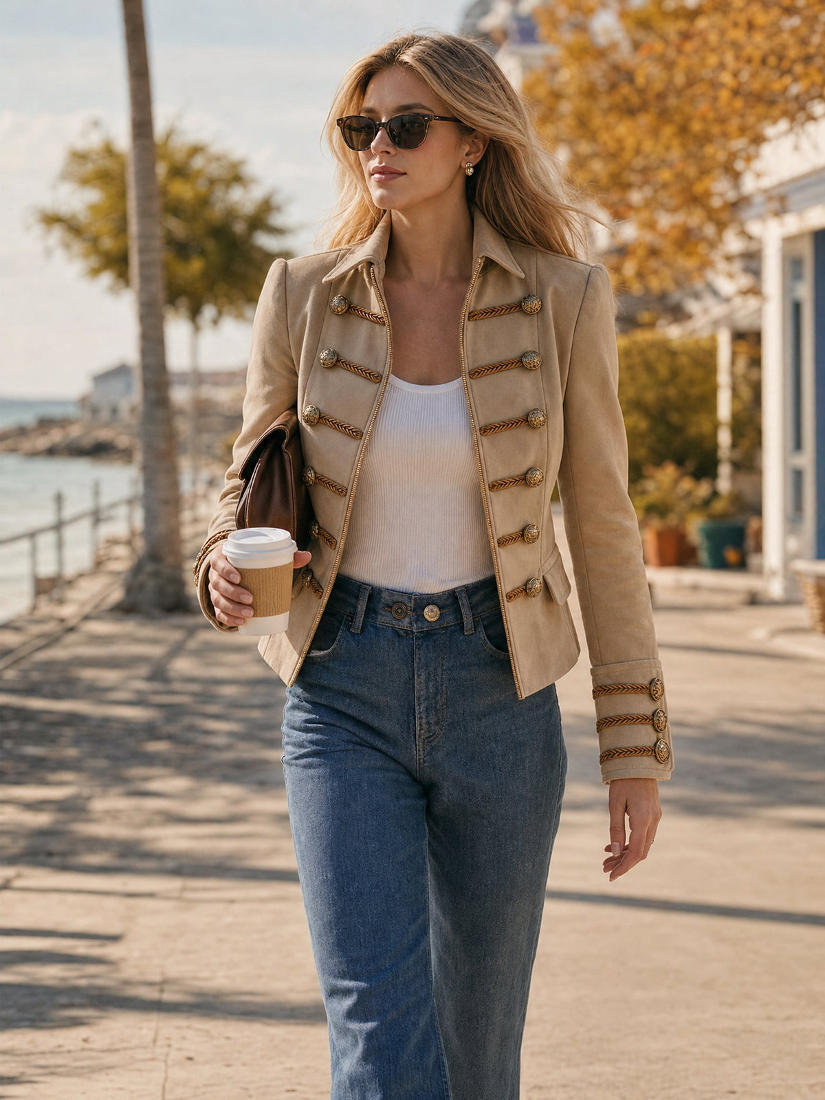 Braided‑Trim Tailored Suede Jacket