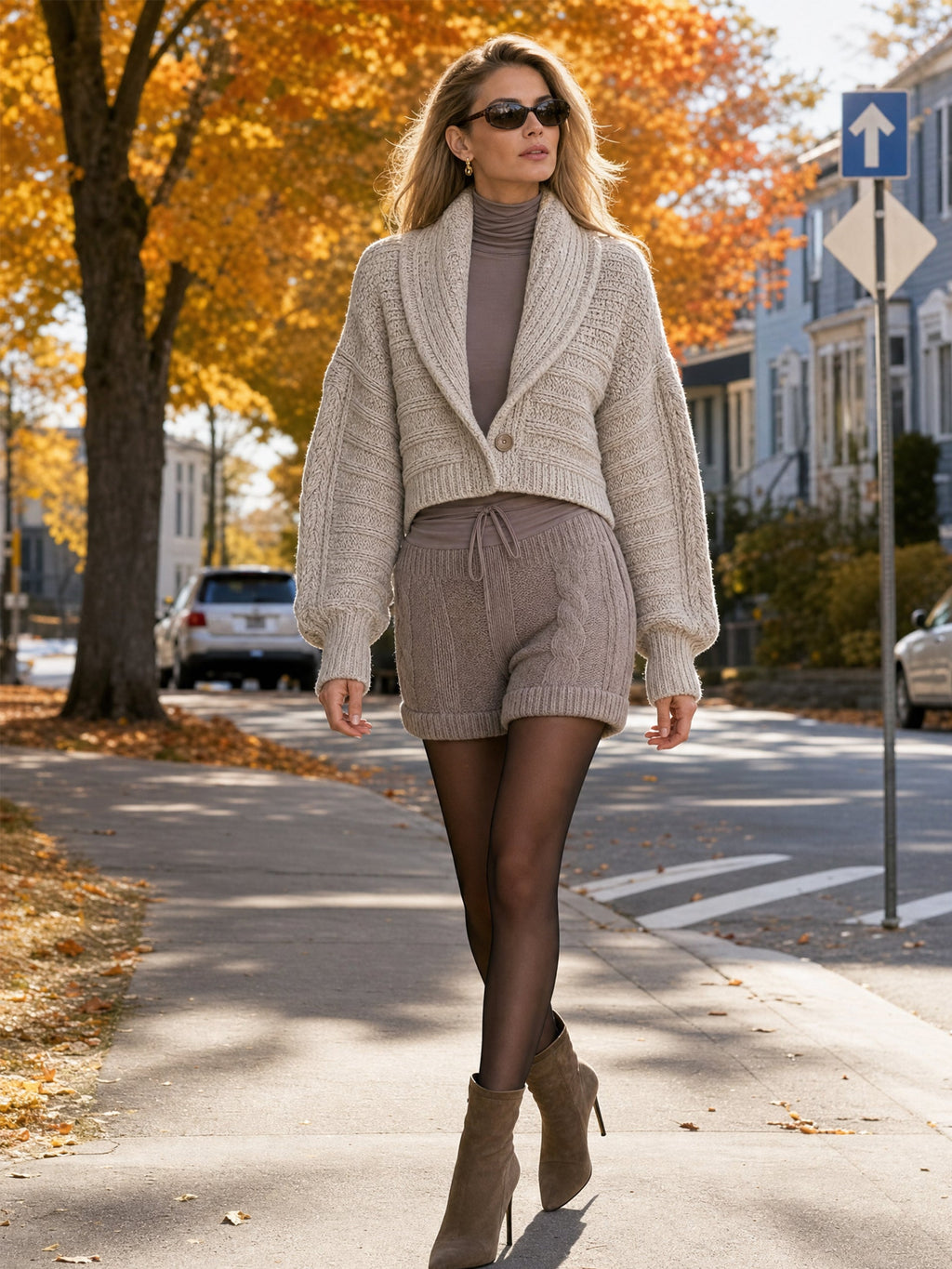 Cable KnitShawl Collar Cropped Cardigan & Shorts Set