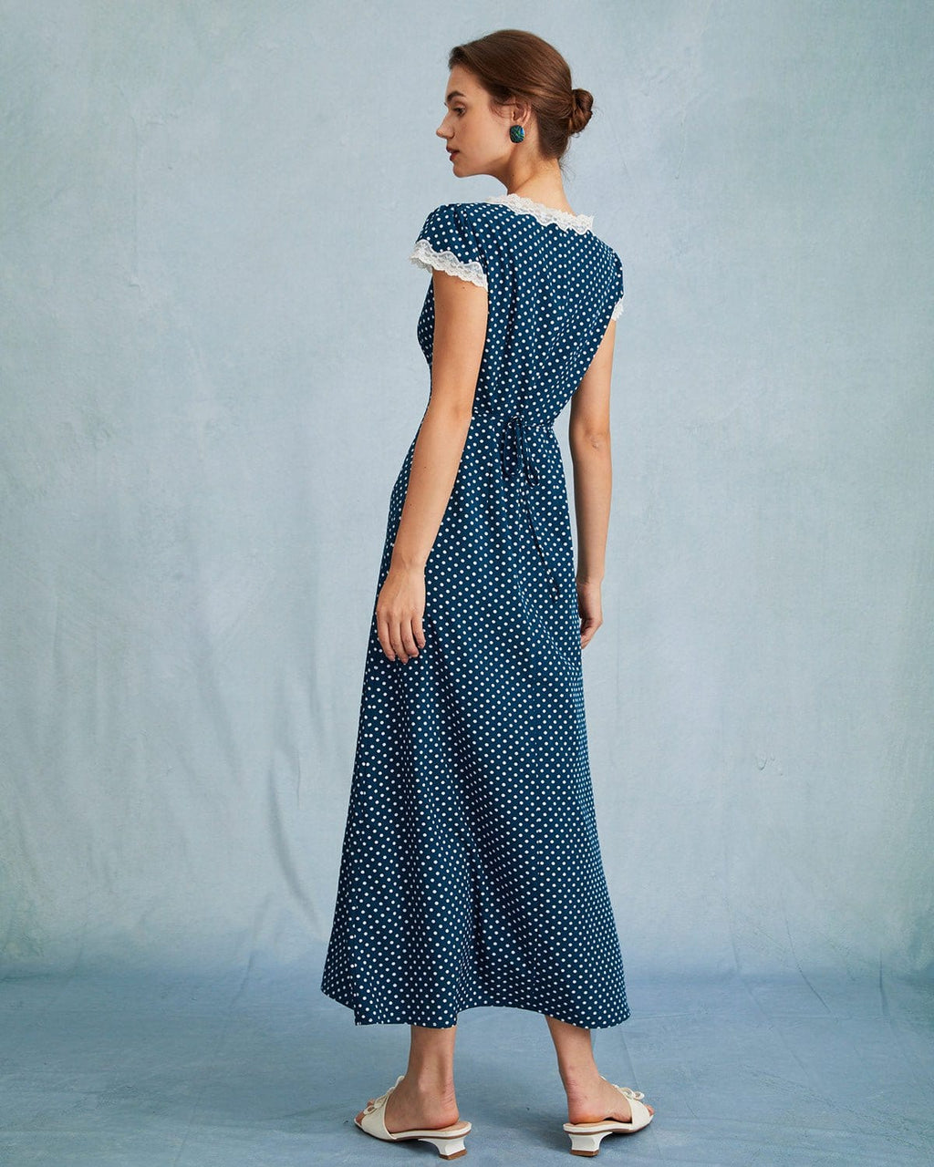 Navy Blue Polka Dot and Lace Maxi Dress with Ruching
