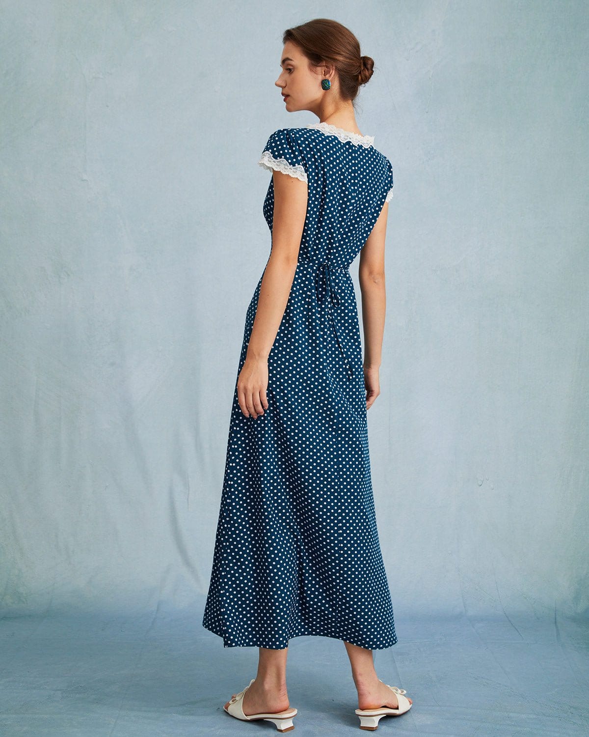 Navy Blue Polka Dot and Lace Maxi Dress with Ruching