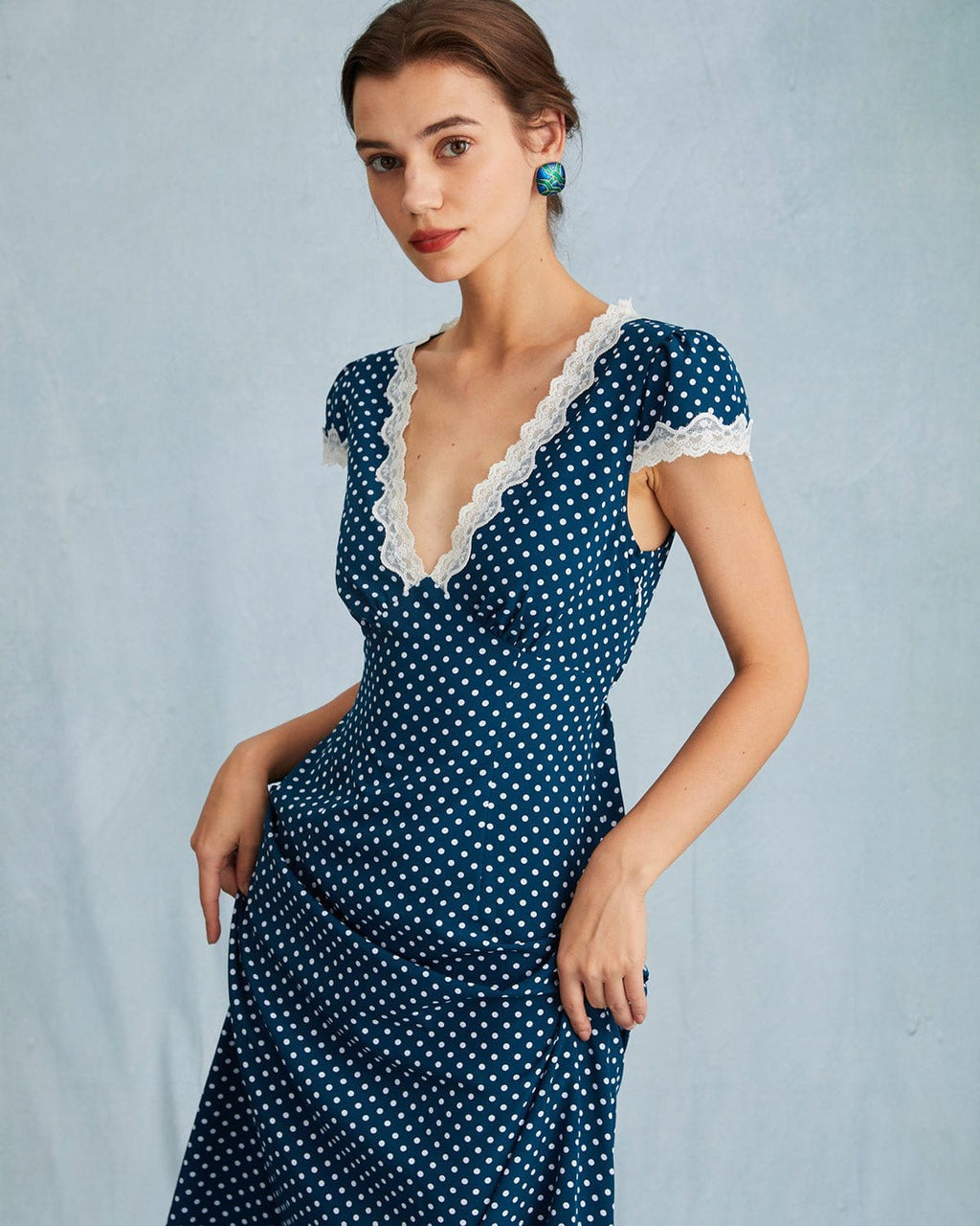 Navy Blue Polka Dot and Lace Maxi Dress with Ruching