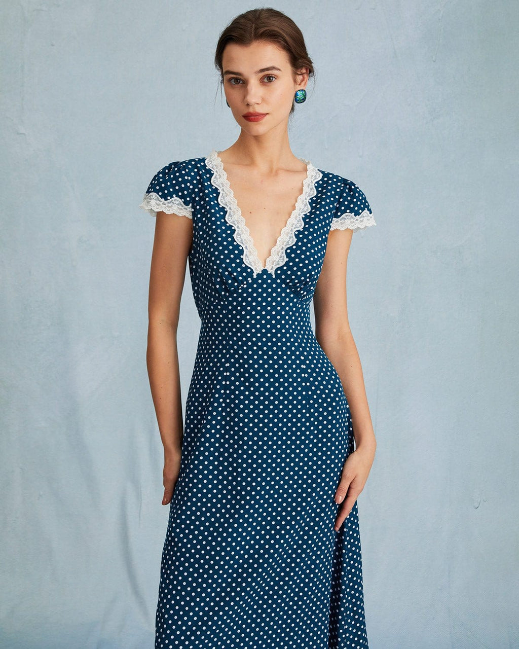 Navy Blue Polka Dot and Lace Maxi Dress with Ruching